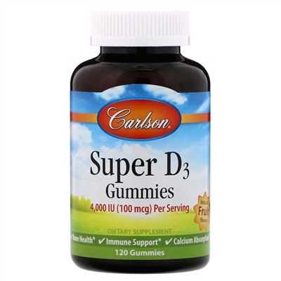 Carlson Labs, Super D3 Gummies,  Natural Fruit Flavors, 100 mcg (4,000 IU), 120 Gummies