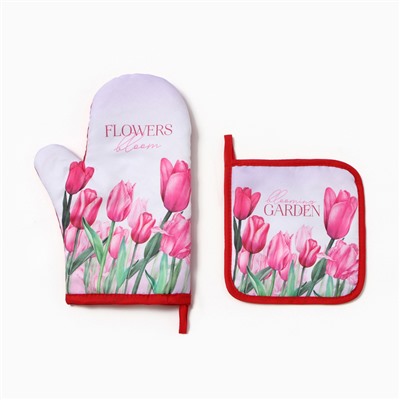 Набор кухонный «Тюльпаны» варежка-прихватка 20×27 см, прихватка 17×17 см 100% п/э