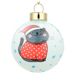 Новогоднее украшение. Елочный стеклянный шар "Котик в шапочке" 6см