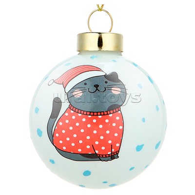 Новогоднее украшение. Елочный стеклянный шар "Котик в шапочке" 6см