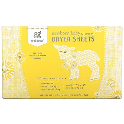 Grab Green, Newborn Baby Dryer Sheets, 0-4 Months, Calming Chamomile, 40 Sheets