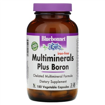 Bluebonnet Nutrition, Мультиминералы с бором, без железа, 180 растительных капсул
