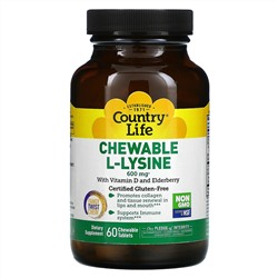 Country Life, Chewable L-Lysine, With Vitamin D and Elderberry, 300 mg, 60 Chewable Tablets
