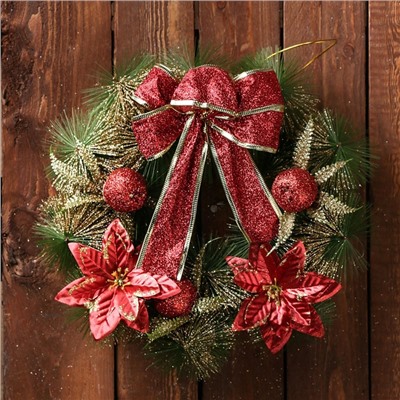 Венок новогодний d=28 см «Зимнее волшебство. Бант», с красными цветами