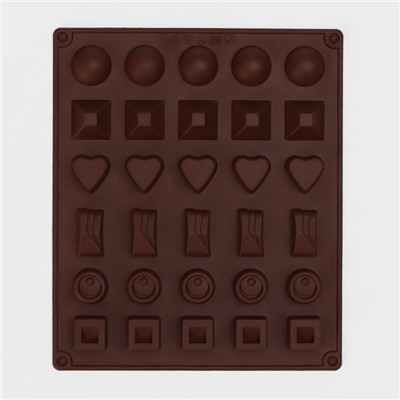 Форма для конфет и шоколада Доляна «Коробка конфет», силикон, 27×23×1.5 см, 30 ячеек (3.2×3.2 см), коричневая