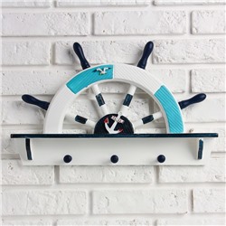 Вешалка настенная «Штурвал», крючки декоративные, 3 крючка на панно, бело-синяя, 45×28×5 см