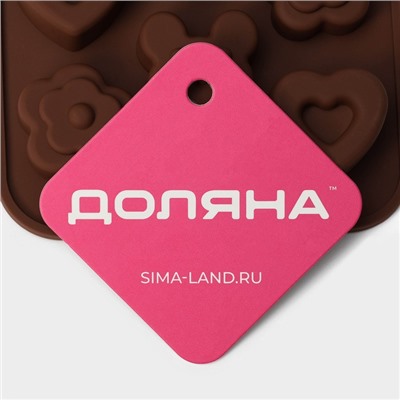 Форма для конфет и шоколада Доляна «Мишка, цветок, сердце», силикон, 19.7×10.5×1.5 см, 14 ячеек, коричневая