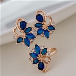 Комплект ювелирной бижутерии коллекция "Дубай" серьги и кольцо 19 р, покрытие позолота, вставка: фианиты, цвет: синий и прозрачный, арт.215.476-19