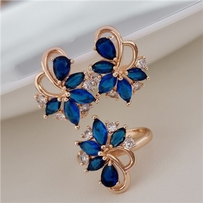 Комплект ювелирной бижутерии коллекция "Дубай" серьги и кольцо 17 р, покрытие позолота, вставка: фианиты, цвет: синий и прозрачный, арт.215.476-17