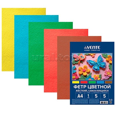Фетр цветной жесткий самоклеящийся A4 "Яркие цвета" 5 цв, 5 л, толщина 1 мм