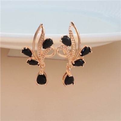 Серьги цветы ювелирная бижутерия коллекция "Дубай" позолота, вставка: фианиты, цвет: черный, арт.314.337
