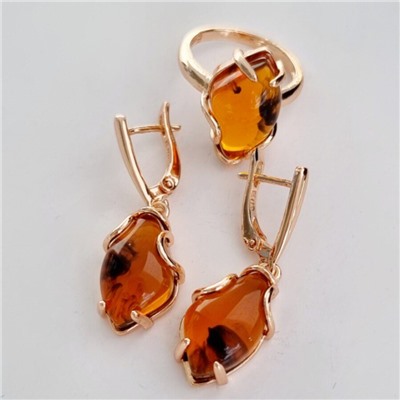 Комплект кольцо и серьги янтарные, покрытие позолота, коллекция "Дубайское Золото", Уценка, арт.08.1244-18 (214.466-18 )