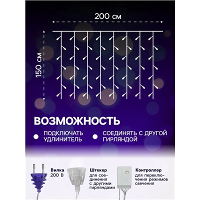 УЦЕНКА Гирлянда «Занавес», 2×1.5 м, IP20, 360 LED, 220 В, 8 режимов, прозрачная нить, свечение фиолетовое