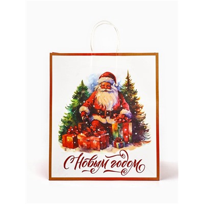 Пакет бумажный подарочный новогодний крафт «С Новым годом» 32×17.5×37 см