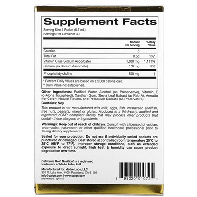 California Gold Nutrition, липосомальный витамин C, со вкусом натурального апельсина, 1000 мг, 30 пакетиков по 5,7 мл (0,2 унции) каждый