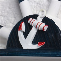 Вешалка настенная «Штурвал», крючки декоративные, 3 крючка на панно, бело-синяя, 45×28×5 см