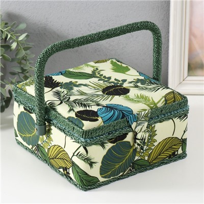 Шкатулка для рукоделия и шитья «Тропические листья на зелёном», хранение ниток, иголок, мелочи, 20×20×11 см