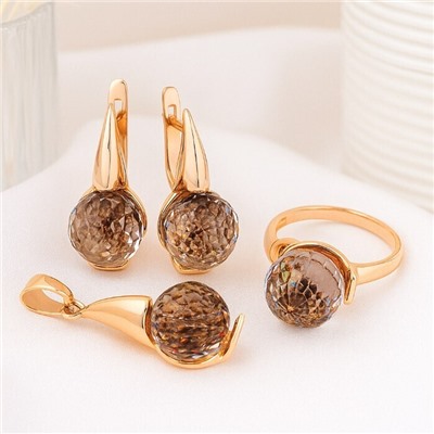 Комплект ювелирной бижутерии коллекция "Дубай" серьги, кулон и кольцо 20 р, покрытие позолота, вставка: кристалл, цвет: шампань, арт.414.199-20