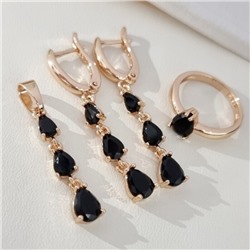 Комплект ювелирной бижутерии коллекция "Дубай" серьги, кулон и кольцо 18 р, покрытие позолота, вставка: фианиты, цвет: черный, арт.414.314-18