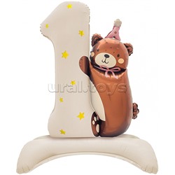 Шар (35''/89 см) Цифра на подставке, 1 Годик, Мишка в розовом колпачке, Бежевый, 1 шт. в уп.