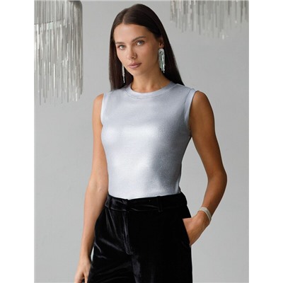 Топ с закрытым декольте из хлопка с эластаном в рубчик с матовым покрытием металлик