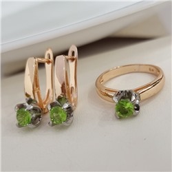 Комплект ювелирной бижутерии коллекция "Дубай" серьги и кольцо 19 р, покрытие позолота, вставка: фианиты, цвет: зеленый, арт.313.205-19