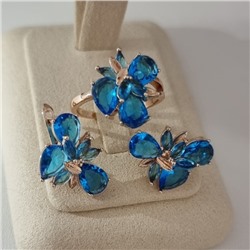 Комплект ювелирной бижутерии коллекция "Дубай" серьги и кольцо 18 р, покрытие позолота, вставка: стекло, цвет: голубой, арт.215.562-18