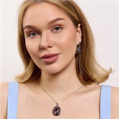 Комплект ювелирной бижутерии коллекция "Дубай" серьги и кулон, покрытие посеребрение, вставка: фианиты, цвет: фиолетовый, розовый и графитовый, арт.414.067