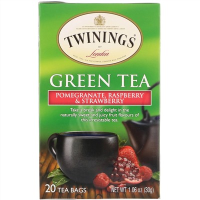 Twinings, Зелёный чай, гранат, малина и клубника, 20 пакетиков, 30 г