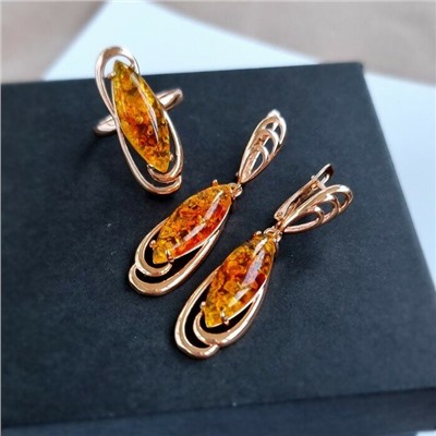 Комплект ювелирной бижутерии коллекция "Дубай",серьги и кольцо покрытие позолота, камень янтарь, р-р 18, 11809, арт.414.376-18