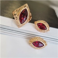 Комплект ювелирной бижутерии коллекция "Дубай" серьги и кольцо, покрытие: позолота, вставка: камень, цвет: красный, р-р 19, 7602, арт.216.362-19