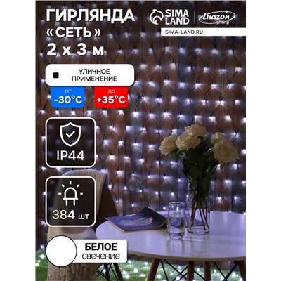 Гирлянда «Сеть» 2×3 м, IP44, УМС, тёмная нить, 384 LED, свечение белое, 220 В