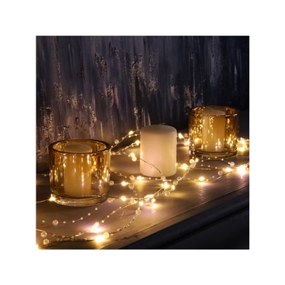 Гирлянда «Нить» 5 м роса с насадками «Перламутр», IP20, нить серебристая, 50 LED, батарейки AAx2 (не в комплекте), 2 режима, свечение тёплое белое