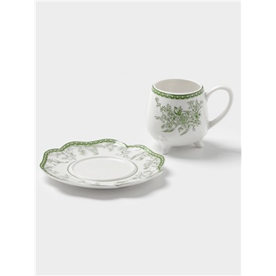 Чайная пара WY Bloomware, 2 предмета; чашка 220 мл, блюдце 15 см, фарфор, белая, зелёная