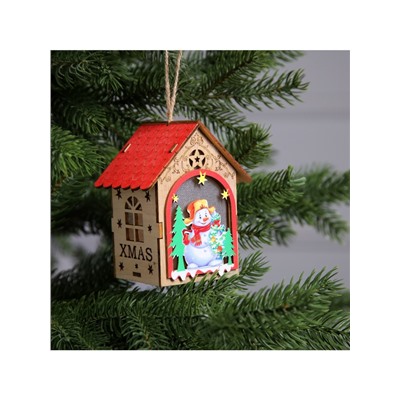 Ёлочная игрушка «Домик со снеговиком», 11×8.5×7.5 см, 1 LED, от батареек, свечение тёплое белое