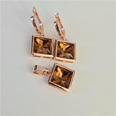 Комплект ювелирной бижутерии Дубайское золото: серьги и кулон с крупным камнем, покрытие позолота, вставка: фианит, цвет: коричневый, арт.314.989