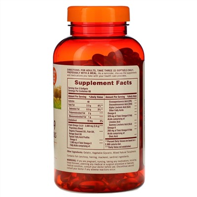 Sundown Naturals, омега 3-6-9, масла льна и бурачника и рыбий жир, 200 мягких таблеток