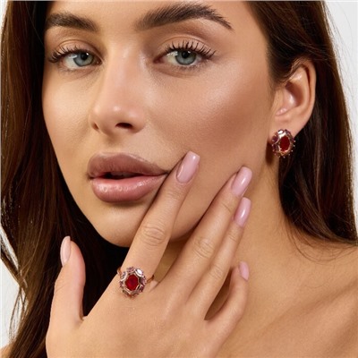 Комплект ювелирной бижутерии коллекция "Дубай" серьги и кольцо 19 р покрытие позолота, вставка: стекло, цвет: фиолетовый и красный, арт.215.570-19