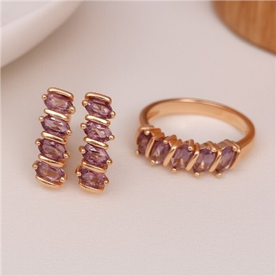 Комплект ювелирной бижутерии коллекция "Дубай" серьги и кольцо 20 р, покрытие позолота, вставка: фианиты, цвет: бледно-фиолетовый, арт.414.224-20