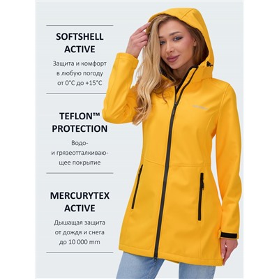 Парка спортивная женская с капюшоном softshell желтого цвета 9568J