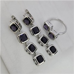 Комплект ювелирной бижутерии серьги и кольцо 17 р, покрытие посеребрение, вставка: фианиты, цвет: фиолетовый, арт.313.267-17