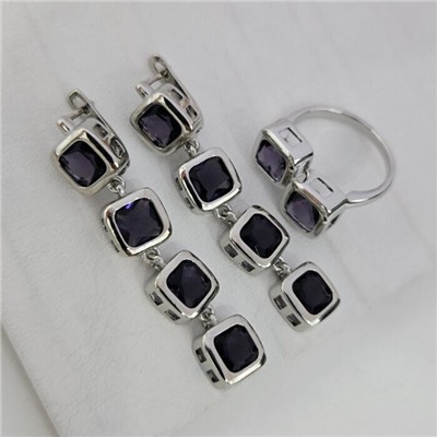 Комплект ювелирной бижутерии серьги и кольцо 18 р, покрытие посеребрение, вставка: фианиты, цвет: фиолетовый, арт.313.267-18