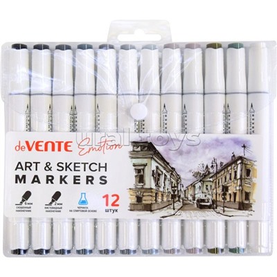 Набор маркеров для скетчинга "Emotion" 12 цветов (12 оттенков серого), двусторонние