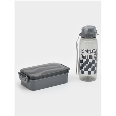 Набор посуды с собой Доляна, 4 предмета: бутылка 500 мл, ланч-бокс 20×17×5.5 см, вилка, ложка, пластик, серый