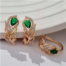 Комплект ювелирная бижутерия коллекция  "Дубай" серьги и кольцо 18 р, покрытие: позолота, вставка: фианиты, цвет: зеленый и прозрачный, арт.217.303-18