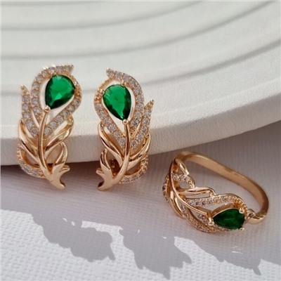 Комплект ювелирная бижутерия коллекция  "Дубай" серьги и кольцо 19 р, покрытие: позолота, вставка: фианиты, цвет: зеленый и прозрачный, арт.217.303-19