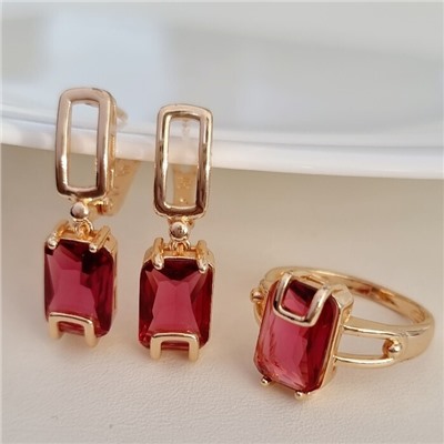 Комплект ювелирная бижутерия коллекция  "Дубай" серьги и кольцо 19 р, покрытие: позолота, вставка: фианиты, цвет: малиновый, арт.217.308-19