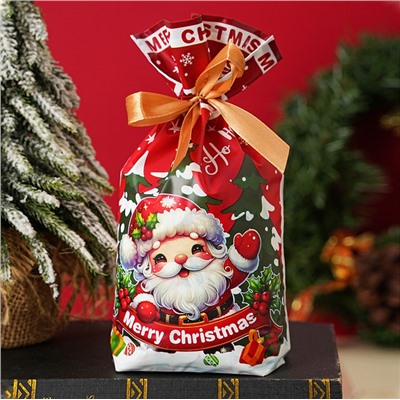 Пакет новогодний с атласной лентой для подарков и конфет 23*15 см. "Дед Мороз" Красный