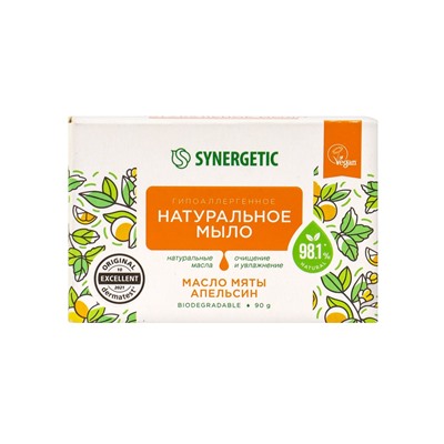 Натуральное туалетное мыло Synergetic "Масло мяты и апельсин", гипоаллергенное, 90 г