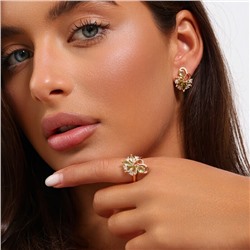 Комплект ювелирной бижутерии коллекция "Дубай" серьги и кольцо 17 р, покрытие позолота, вставка: фианиты, цвет: светло-зеленый и прозрачный, арт.215.482-17